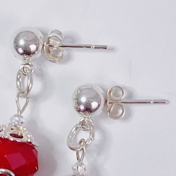 VTG Artisan Sterling Silver Faceted Red Glass Dangle Earrings Handmade Dainty - Picture 8 of 11